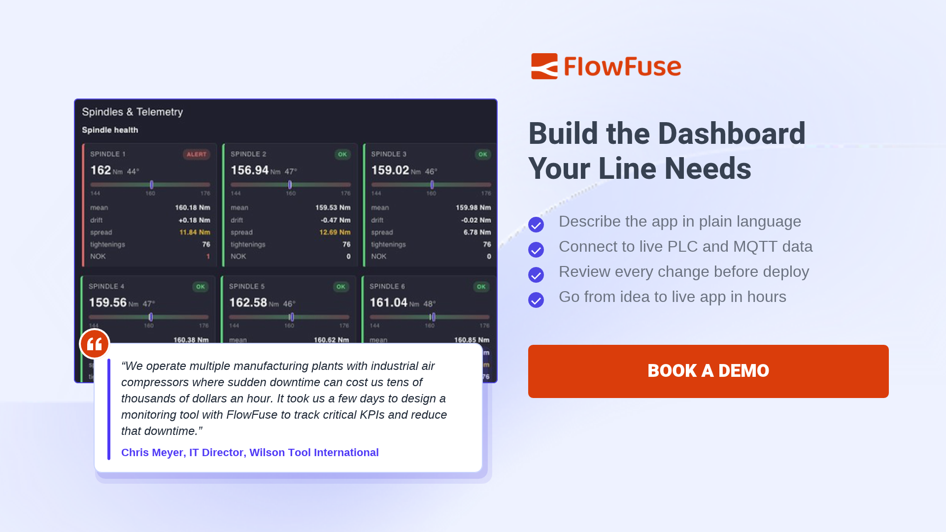 Build the dashboard your line needs: describe it in plain language, connect live PLC and MQTT data, and review every change before deploy - book a FlowFuse demo
